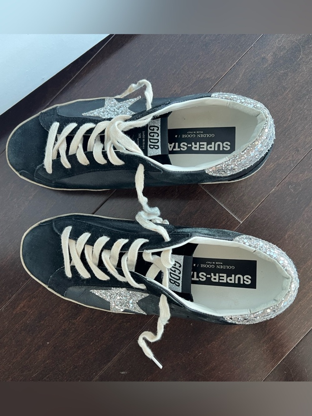 Golden Goose Black Leather & Suede Sneakers with Silver Glitter Details - Picture 2 of 11